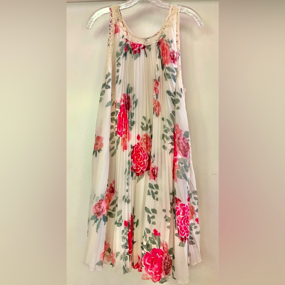 Free People sleeveless Roses Pleated Trapeze Twirling Dress Lace Panels Sz Large